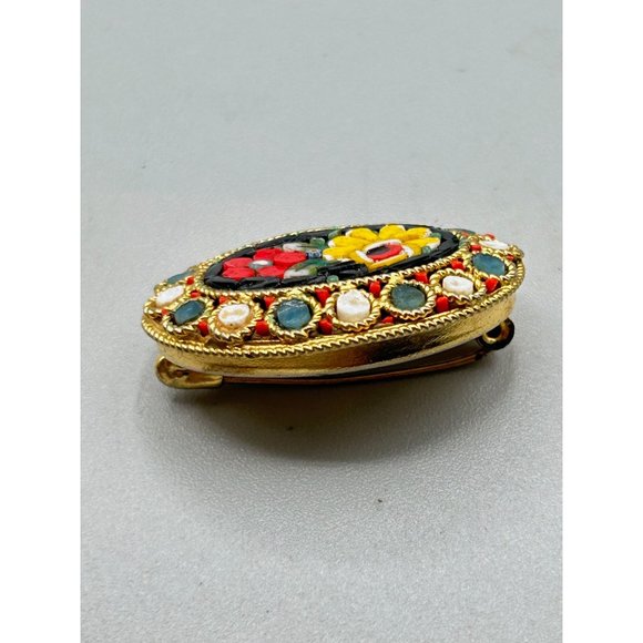 Vintage Italian Mosaic Brooch Red & Yellow Flowers Oval Shaped Gold Tone Metal - Picture 3 of 6